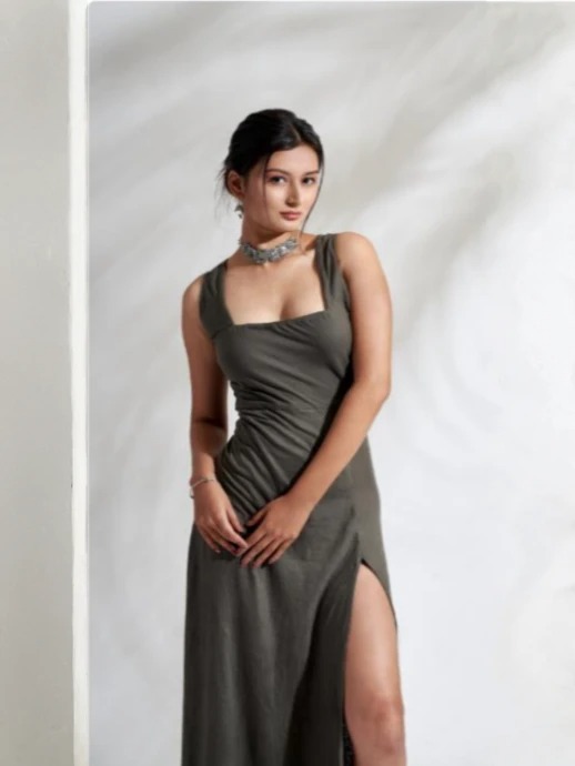 Oceanic Olive Green Side Slit Dress